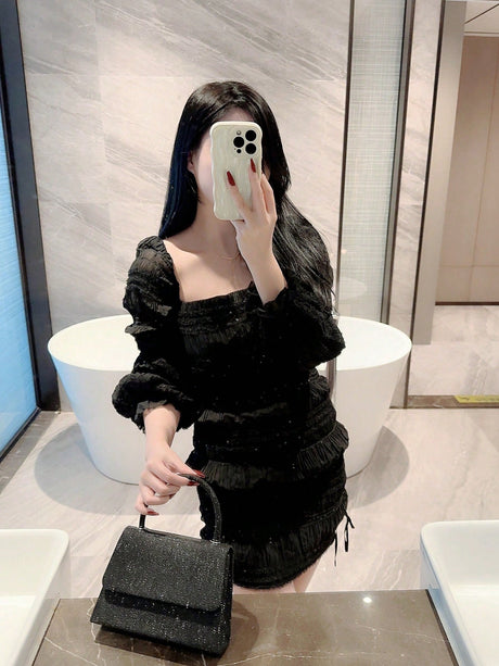 Buy SHEIN Mini Flap Square Bag Glitter Black Minimalist in Pakistan