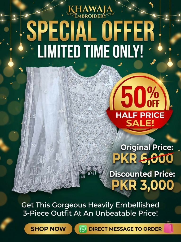 Heavily Embellished 3 PC Dress | Women Locally Made Formals | White | Small | Worn Once