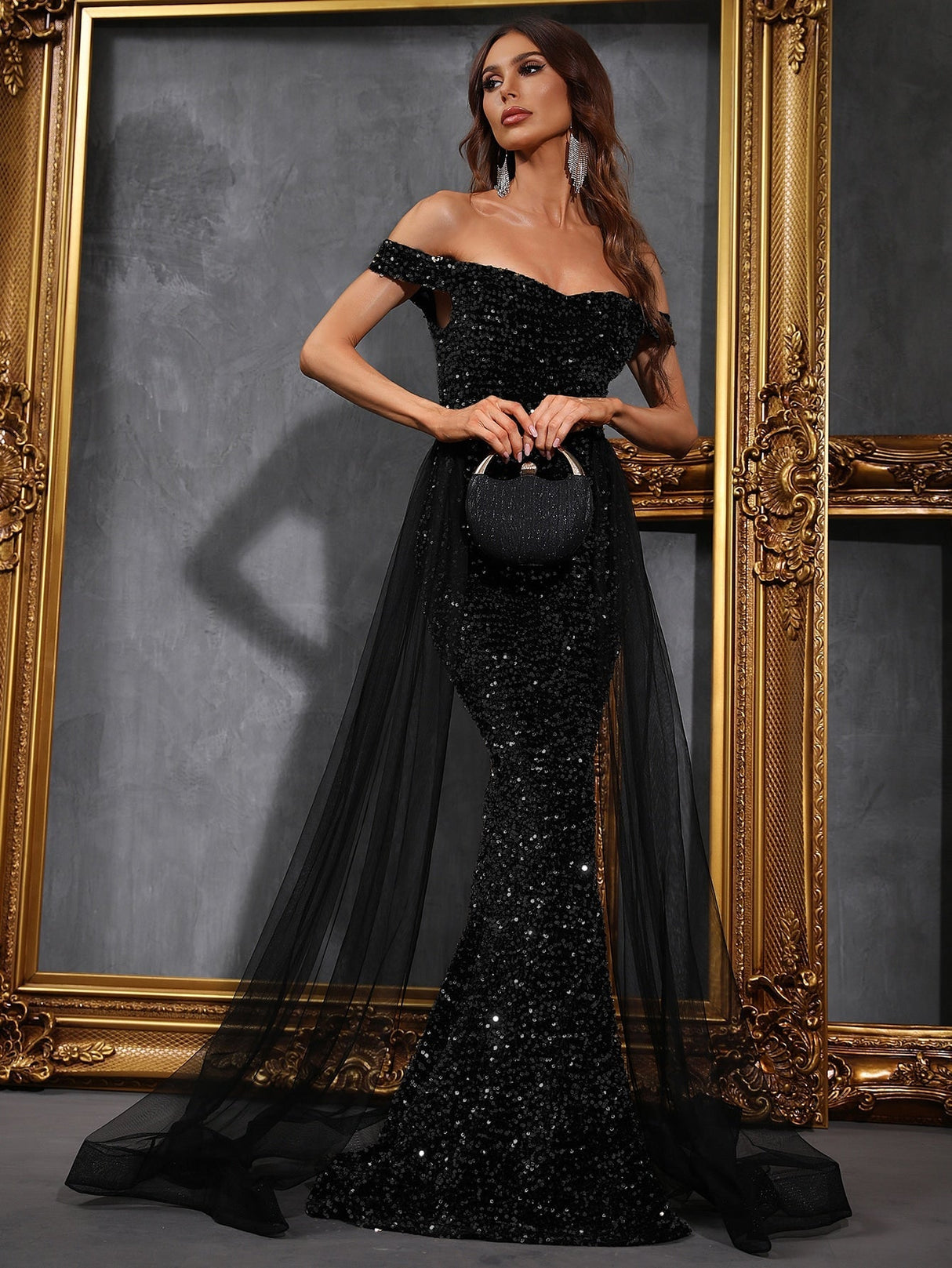 Buy SHEIN Off Shoulder Mesh Panel Sequin Prom Dress in Pakistan