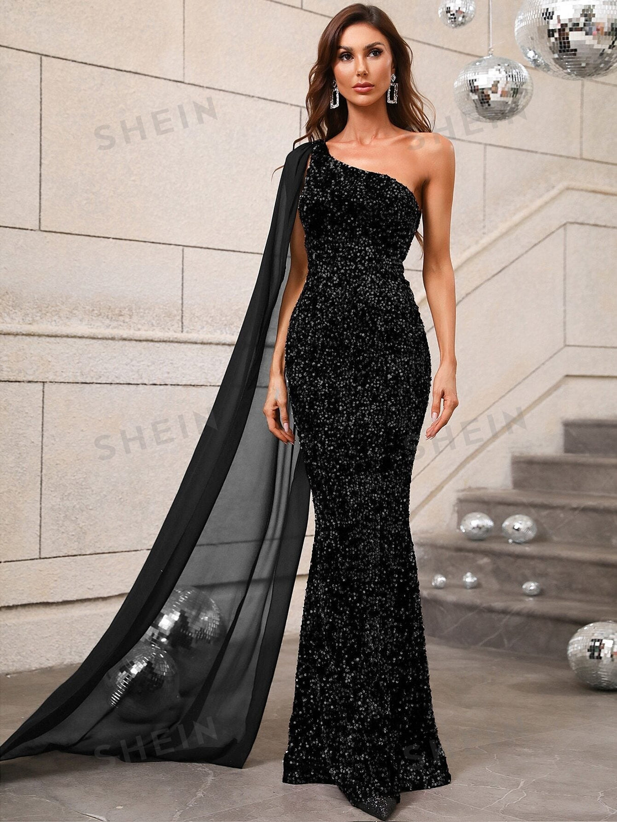 Buy SHEIN One Shoulder Contrast Mesh Cloak Sleeve Sequins Prom Dress in Pakistan