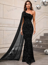 Buy SHEIN One Shoulder Contrast Mesh Cloak Sleeve Sequins Prom Dress in Pakistan
