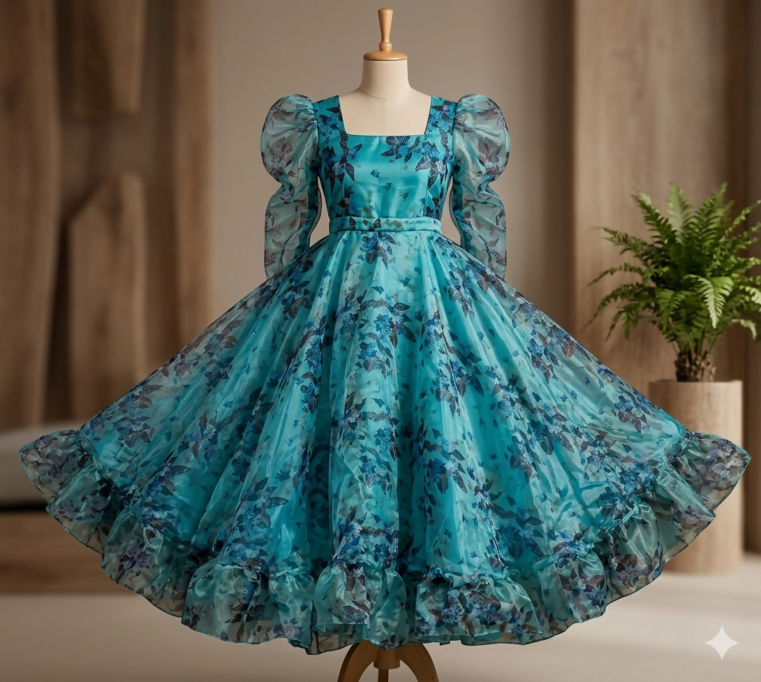 Girl's Organza Zink Colour Frock | Floral Long Frock with Frill | Women Frocks & Maxis | Small | Worn Once