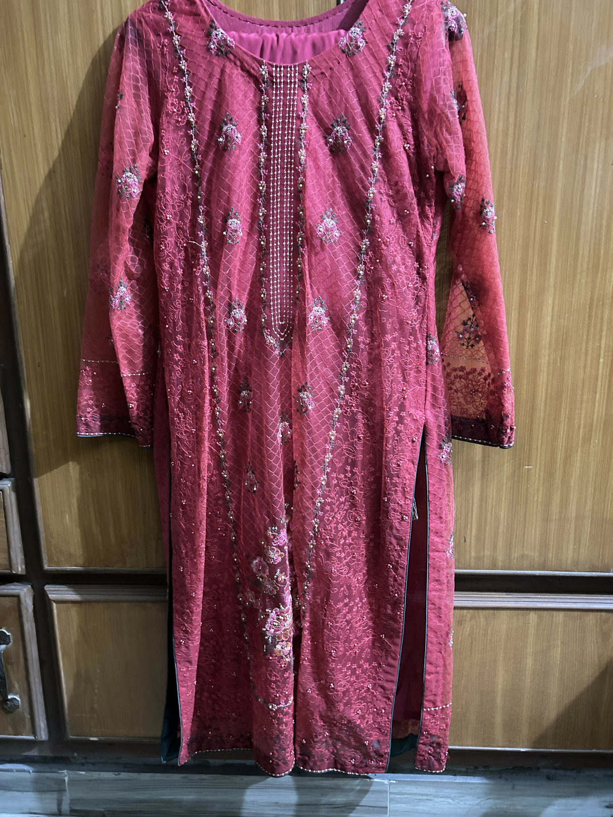 Beautiful 3 PC Suit | Women Locally Made Kurta |  Red Jacquard Kurta | Medium | Worn Once