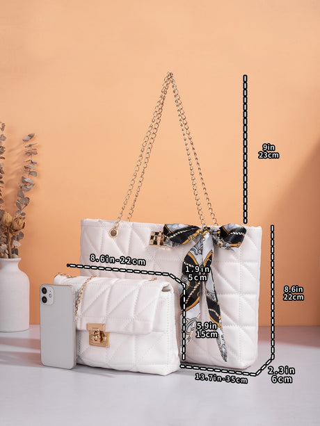 Buy SHEIN Quilted Twilly Scarf Decor Chain Shoulder Tote Bag With Square Bag in Pakistan