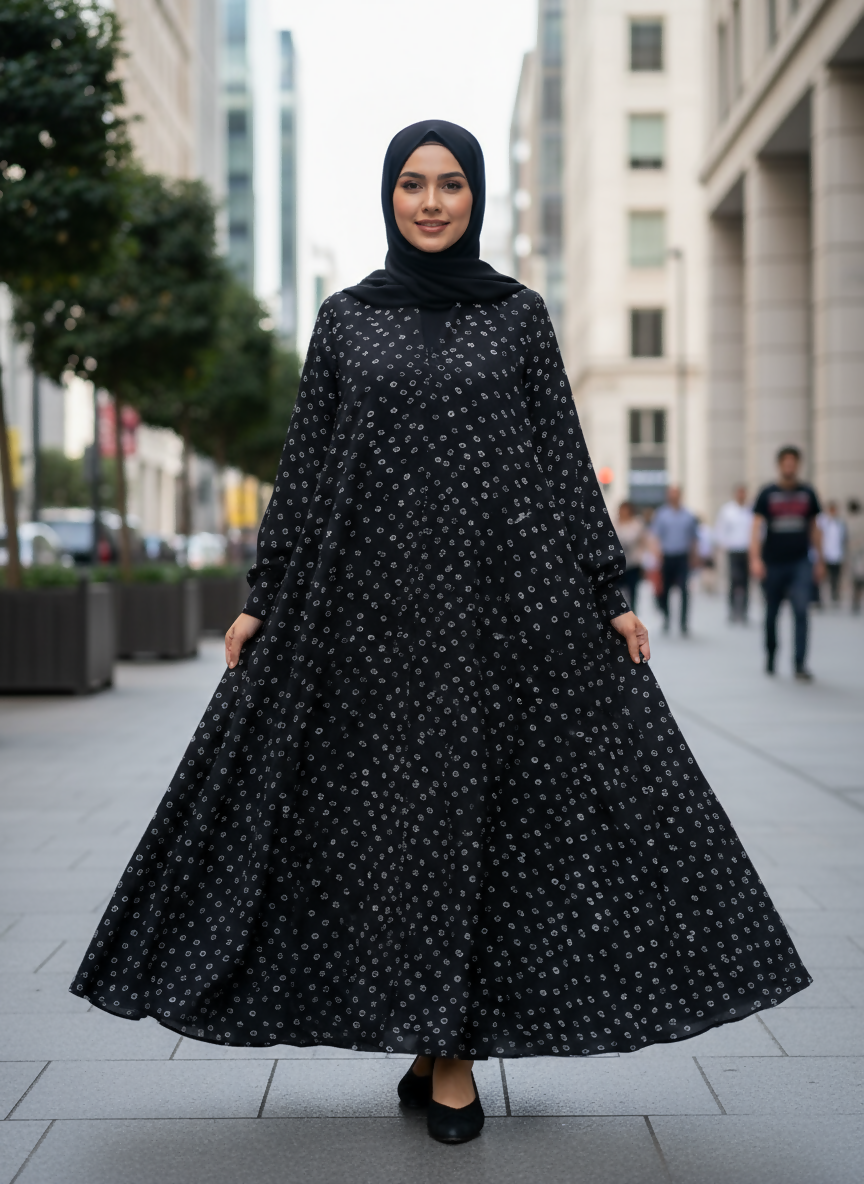 Black Printed Front Open Abaya | Women Accessories | Large | Brand New