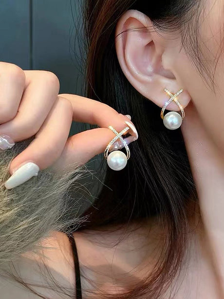Buy SHEIN Rhinestone & Faux Pearl Decor Stud Earrings in Pakistan