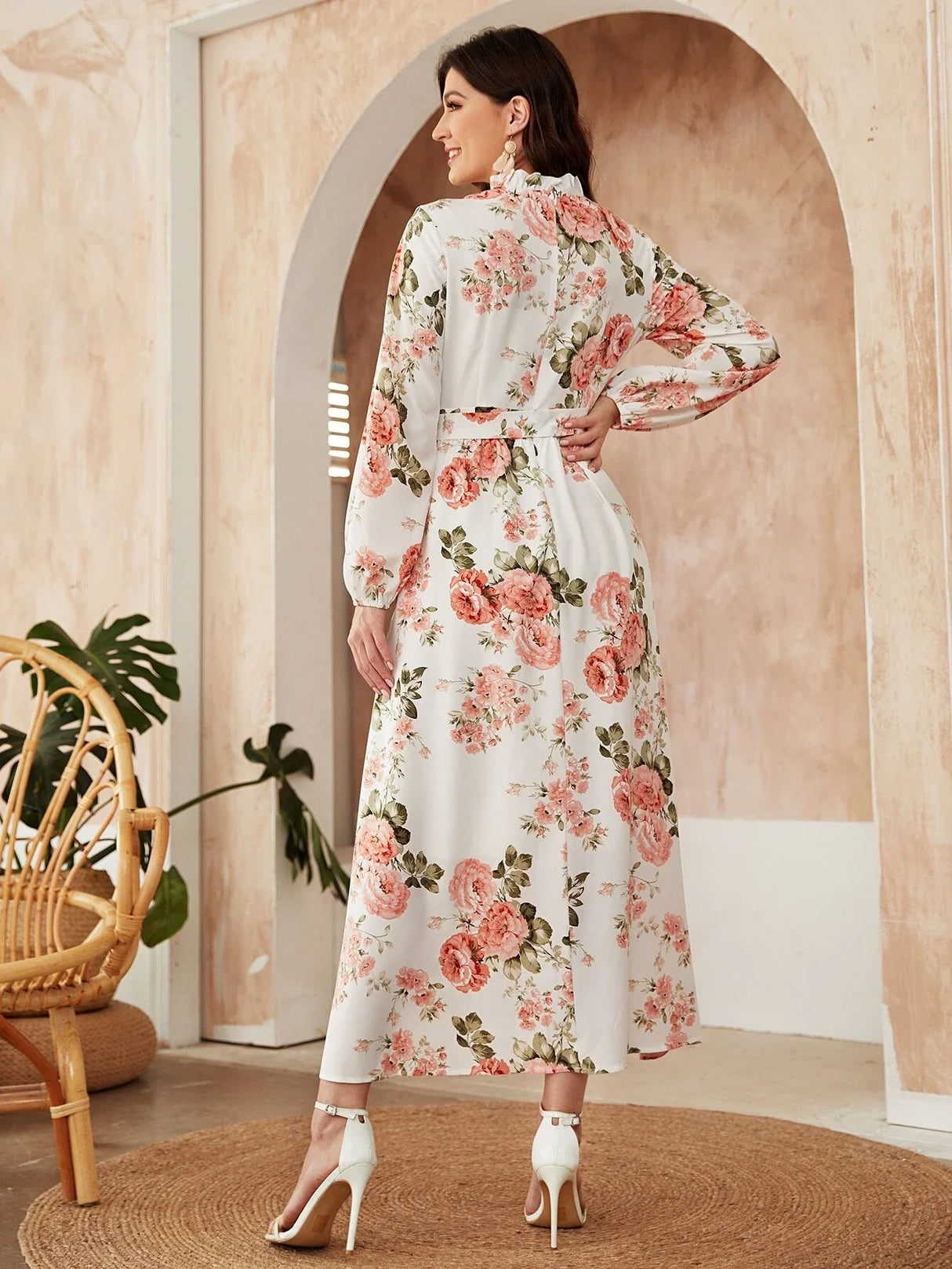 Buy Shein Ruffle Neck Floral Print Belted A-line Dress in Pakistan