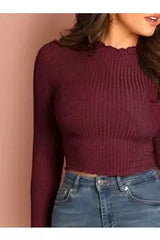 Buy Shein Lettuce Trim Solid Crop Tee - Large Maroon in Pakistan