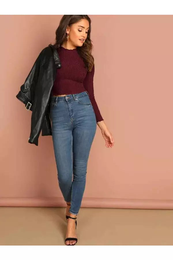 Buy Shein Lettuce Trim Solid Crop Tee - Large Maroon in Pakistan
