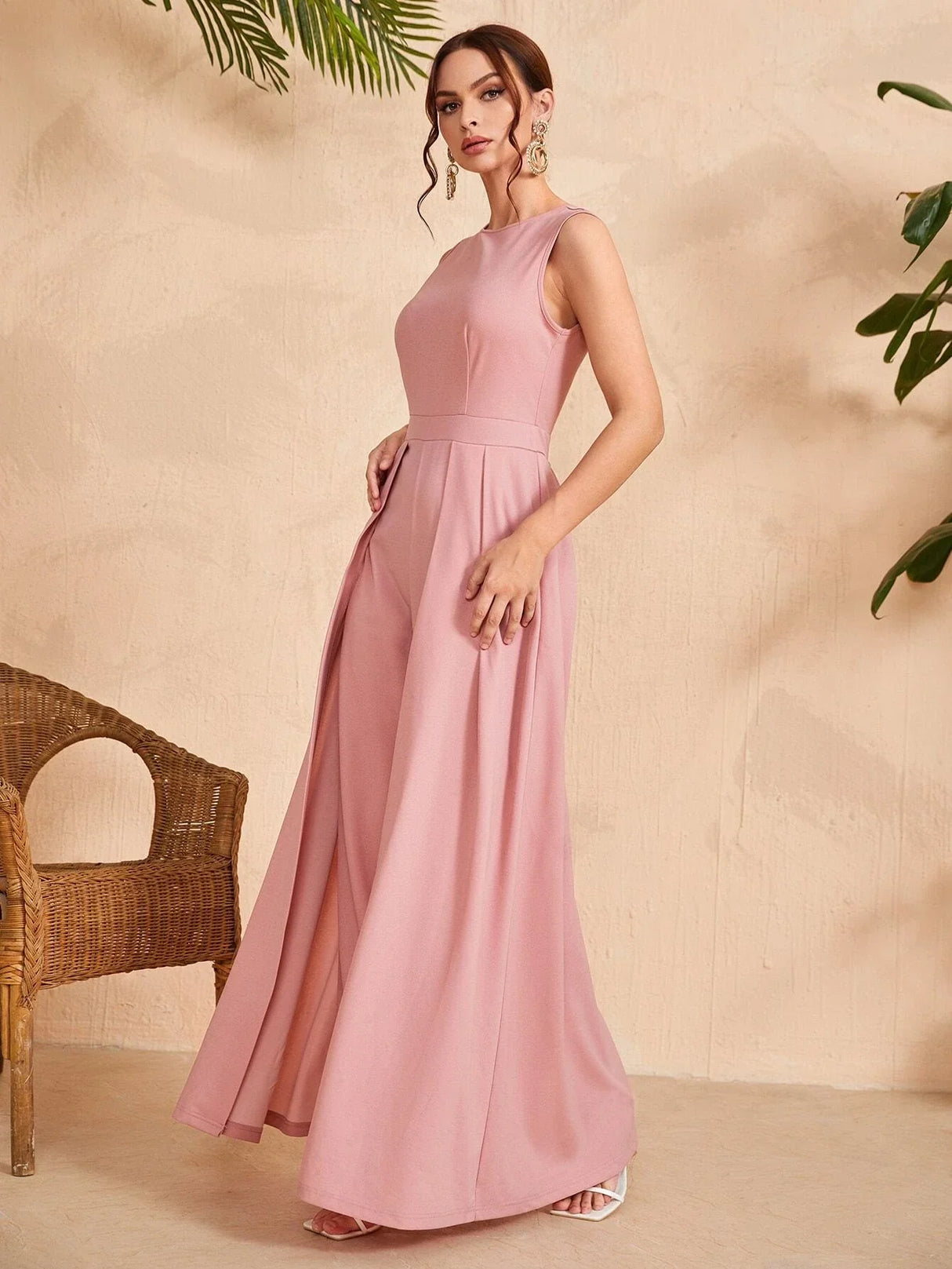 Buy SHEIN Solid Zipper Back Culotte Jumpsuit in Pakistan