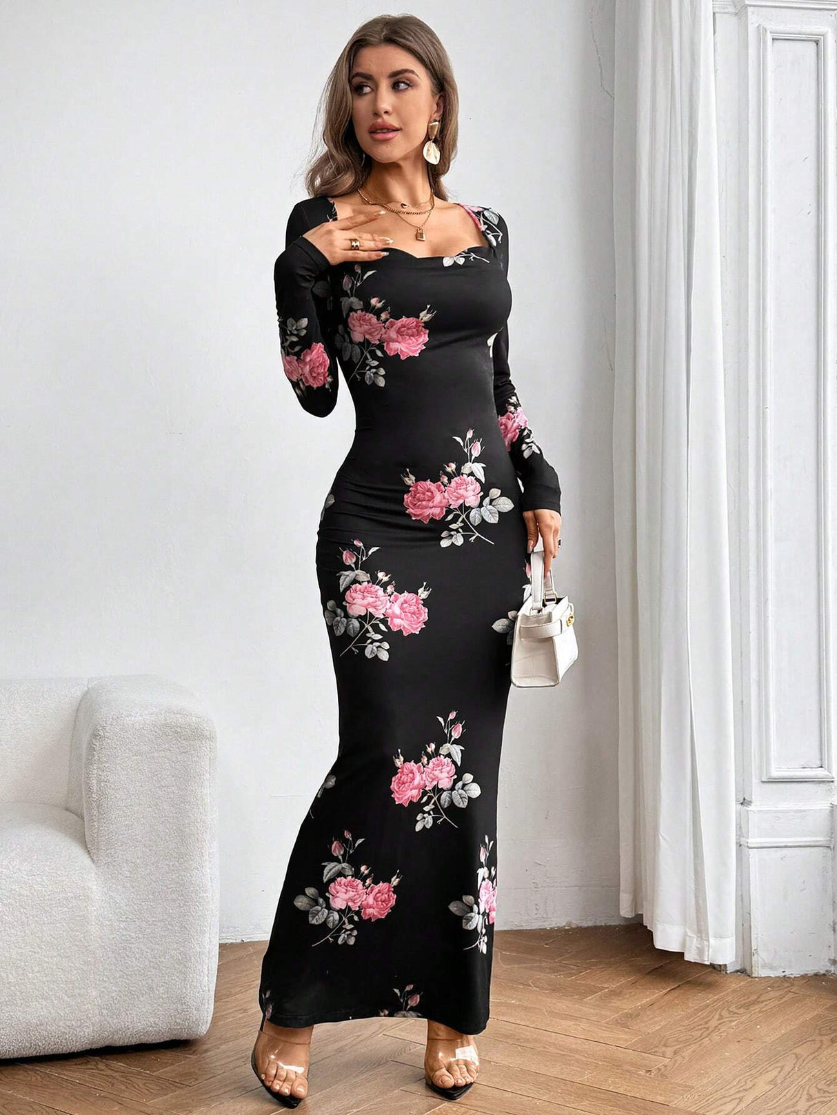 chinese dress ladies SHEIN Aloruh Women's Floral Print Cowl Collar Long Dress – Bechlo.pk