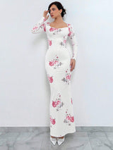 Buy SHEIN Aloruh Women's Floral Printed Long Sleeve Mermaid Hem Dress in Pakistan