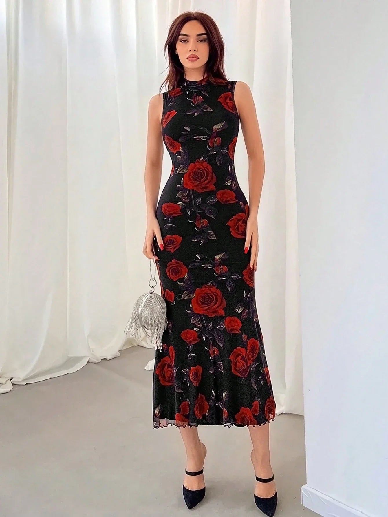 Buy SHEIN Aloruh Women's Romantic Rose Pattern Knitted Black Maxi Dress in Pakistan
