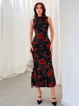 Buy SHEIN Aloruh Women's Romantic Rose Pattern Knitted Black Maxi Dress in Pakistan