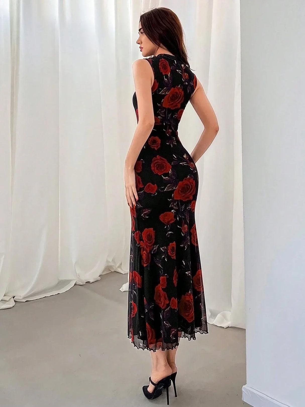 Buy SHEIN Aloruh Women's Romantic Rose Pattern Knitted Black Maxi Dress in Pakistan