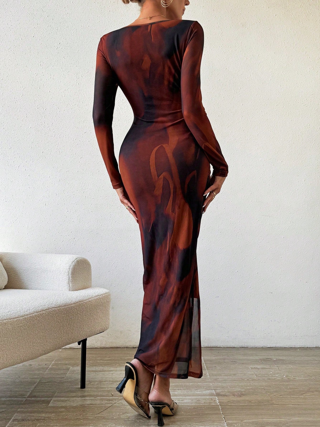 Buy SHEIN BAE Allover Print Ruched Split Thigh Dress in Pakistan