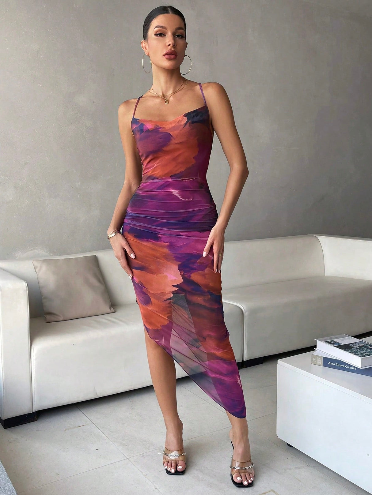 Buy SHEIN BAE Tie Dye Draped Collar Split Thigh Cami Dress in Pakistan