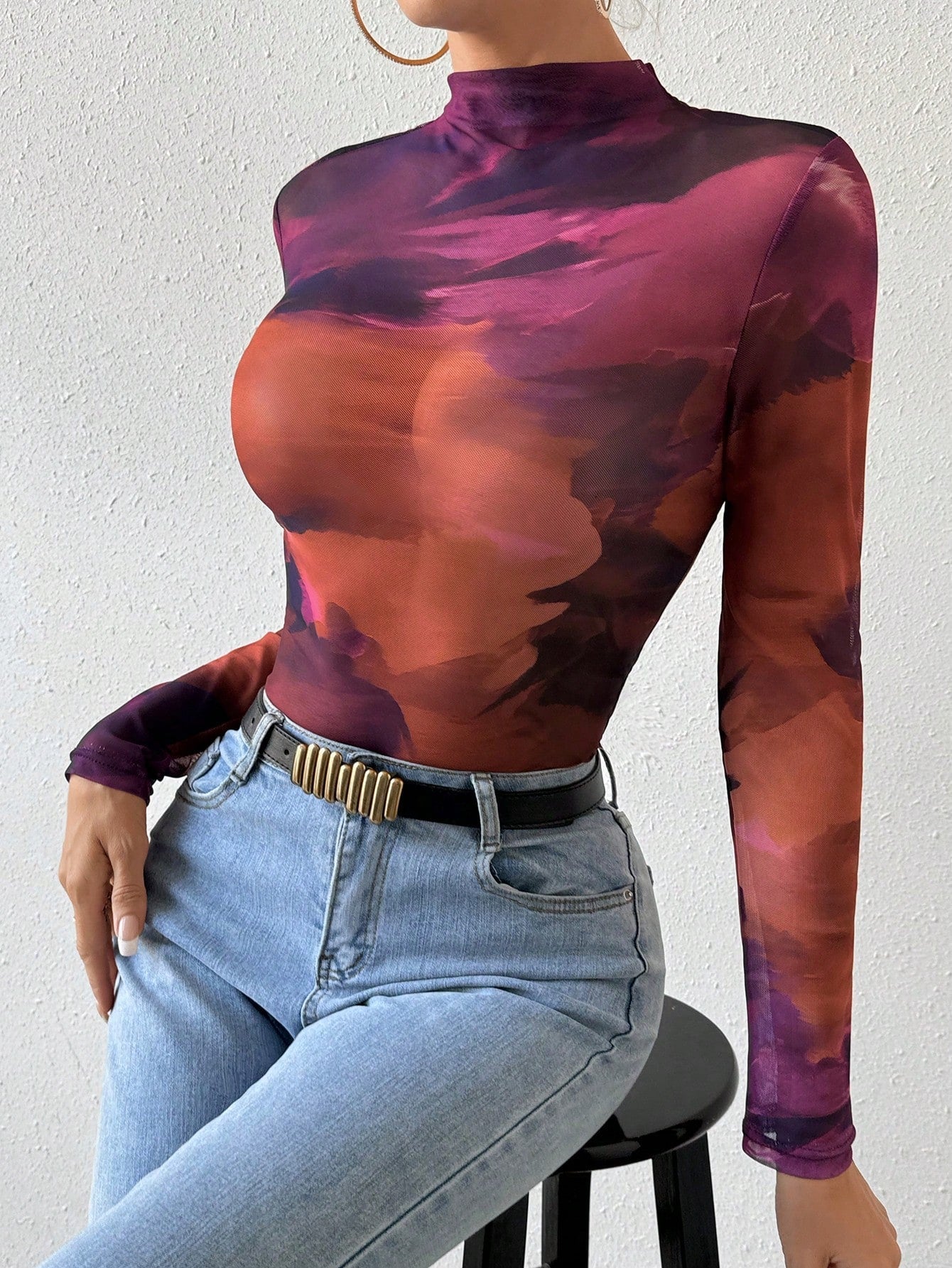Buy SHEIN BAE Tie Dye Mock Neck Mesh Top in Pakistan