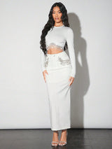 Buy SHEIN BAE Women Long Sleeve Glitter Tassel Diamond Chain White T-Shirt in Pakistan