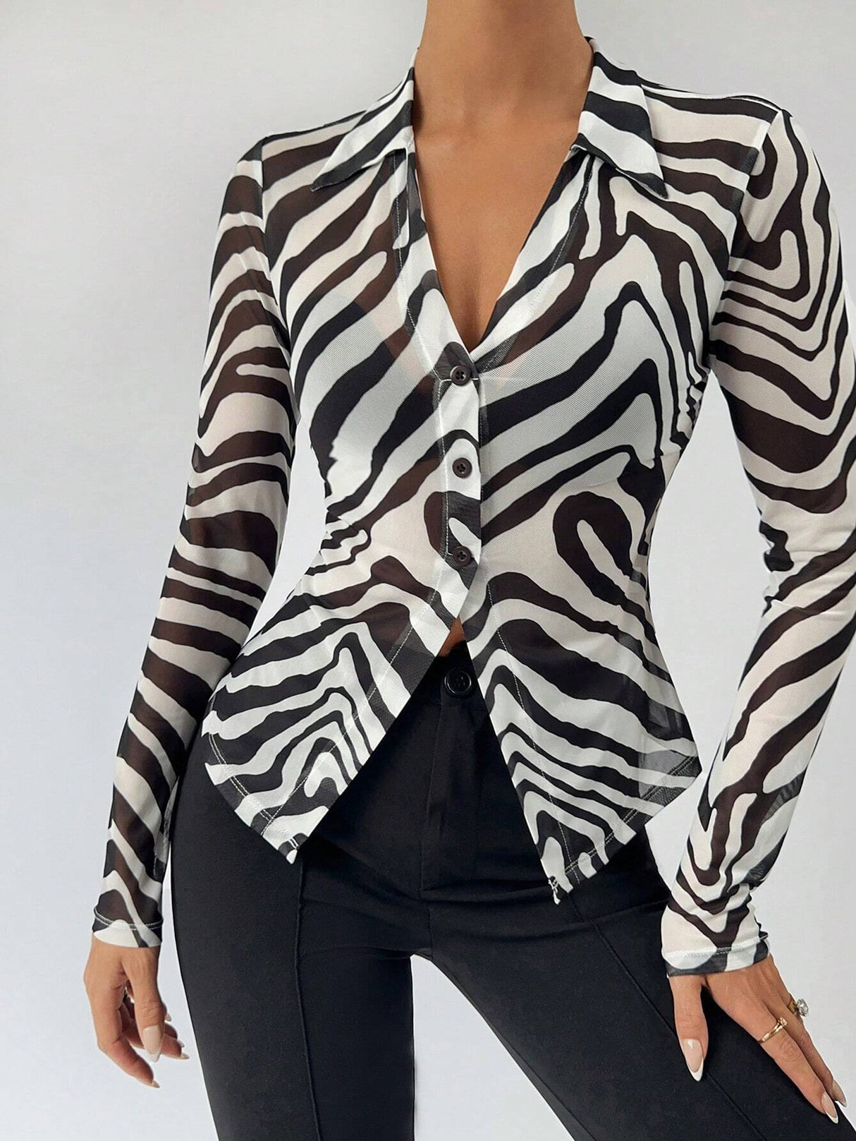 Buy SHEIN BIZwear Zebra Striped Button Front Mesh Top Without Bra in Pakistan