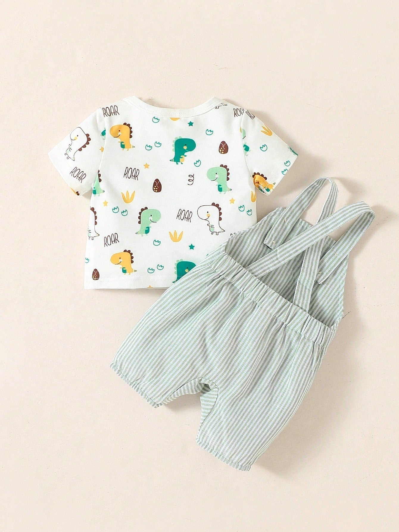 Buy SHEIN Baby Boy Cartoon Dinosaur Print Tee & Striped Overall Romper in Pakistan