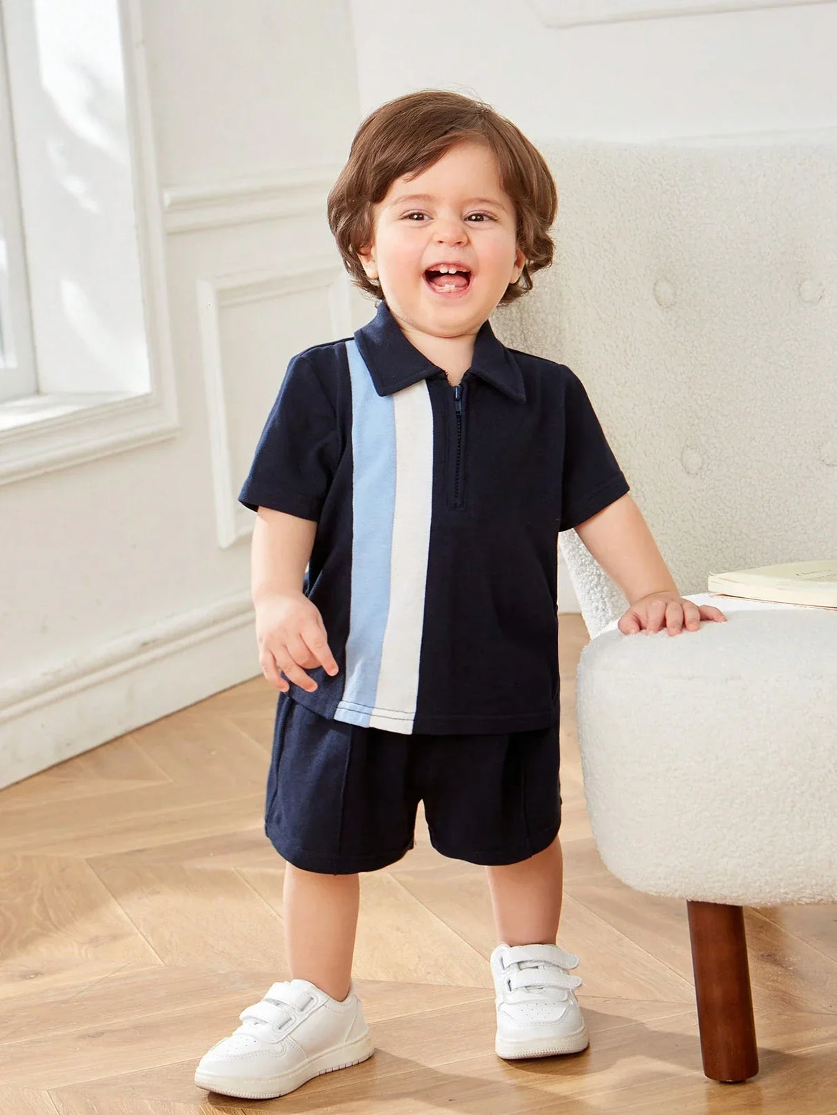 Buy SHEIN Baby Boy's Casual Colorblock Short Sleeve Polo Shirt And Elastic Waist Shorts Set in Pakistan