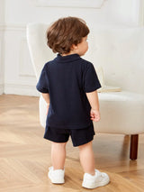 Buy SHEIN Baby Boy's Casual Colorblock Short Sleeve Polo Shirt And Elastic Waist Shorts Set in Pakistan