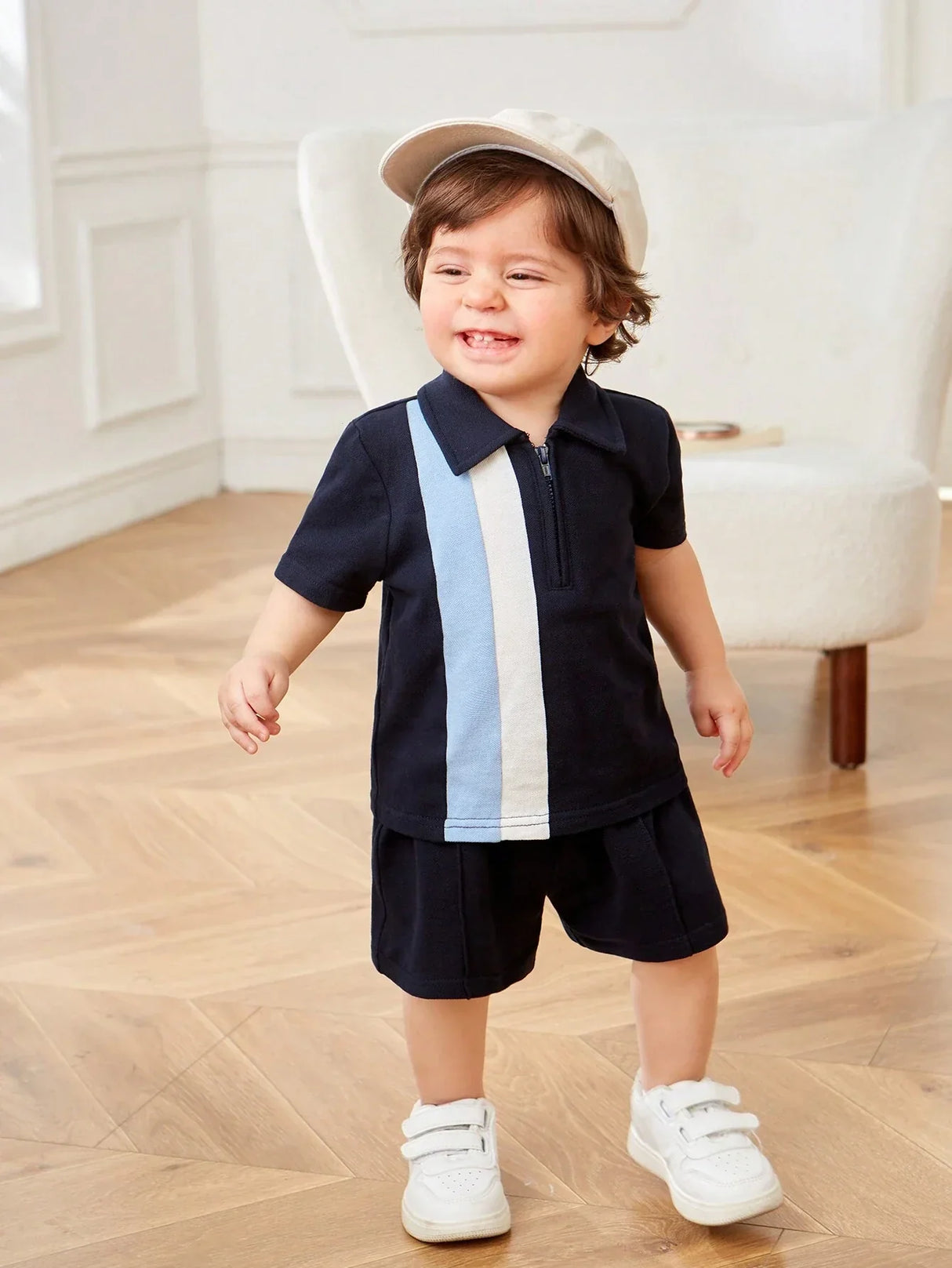 Buy SHEIN Baby Boy's Casual Colorblock Short Sleeve Polo Shirt And Elastic Waist Shorts Set in Pakistan
