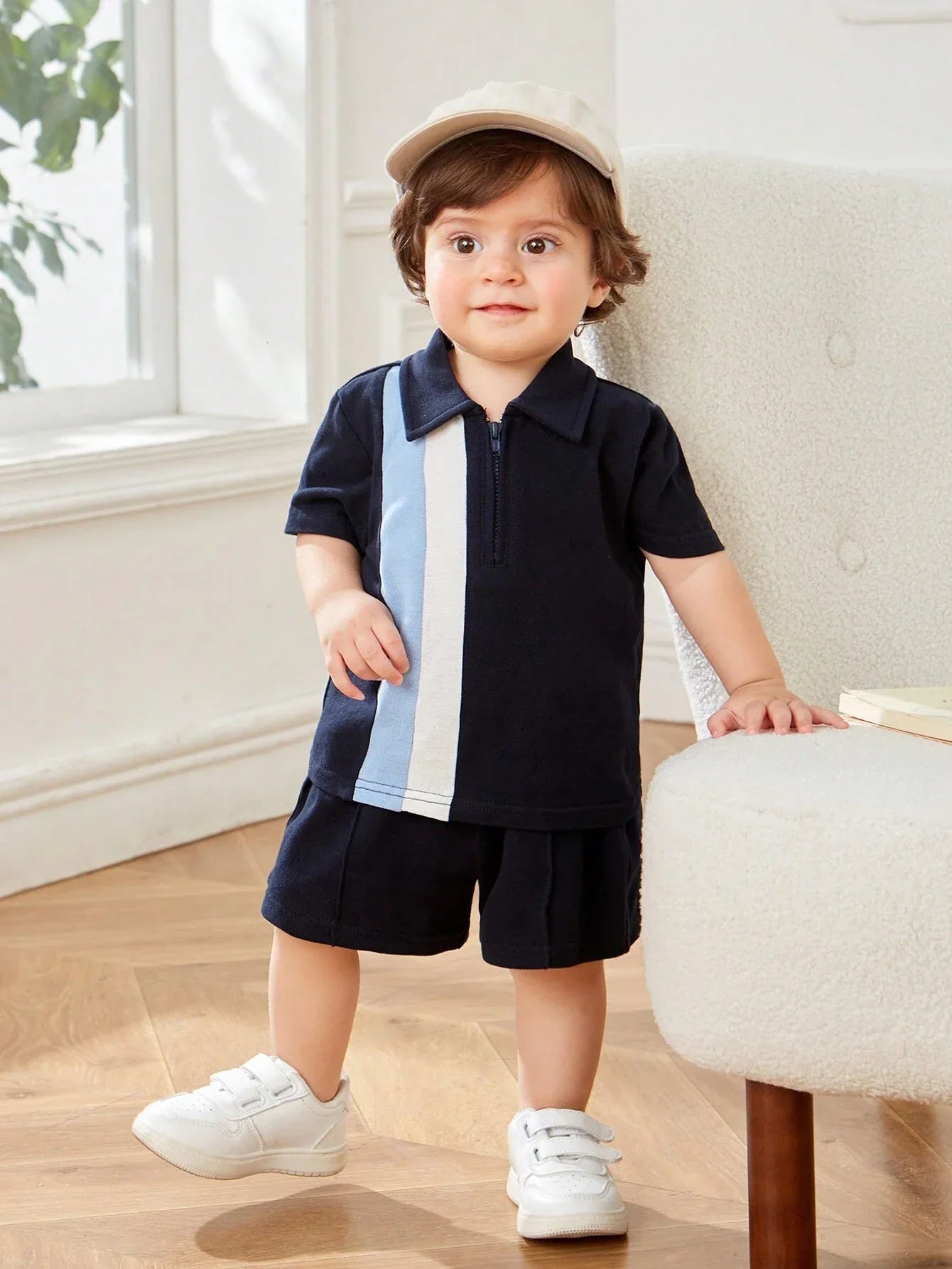 Buy SHEIN Baby Boy's Casual Colorblock Short Sleeve Polo Shirt And Elastic Waist Shorts Set in Pakistan