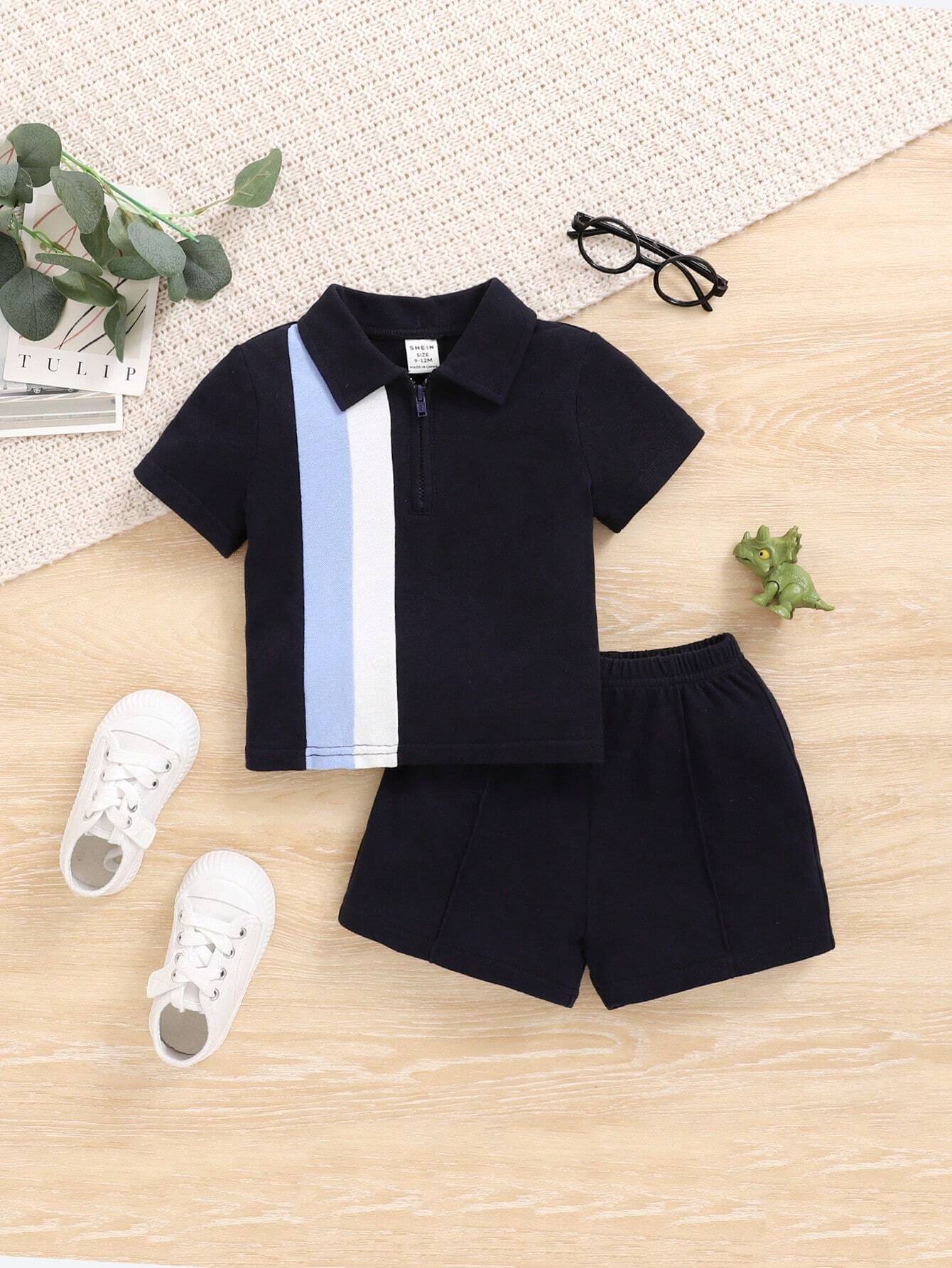 Buy SHEIN Baby Boy's Casual Colorblock Short Sleeve Polo Shirt And Elastic Waist Shorts Set in Pakistan