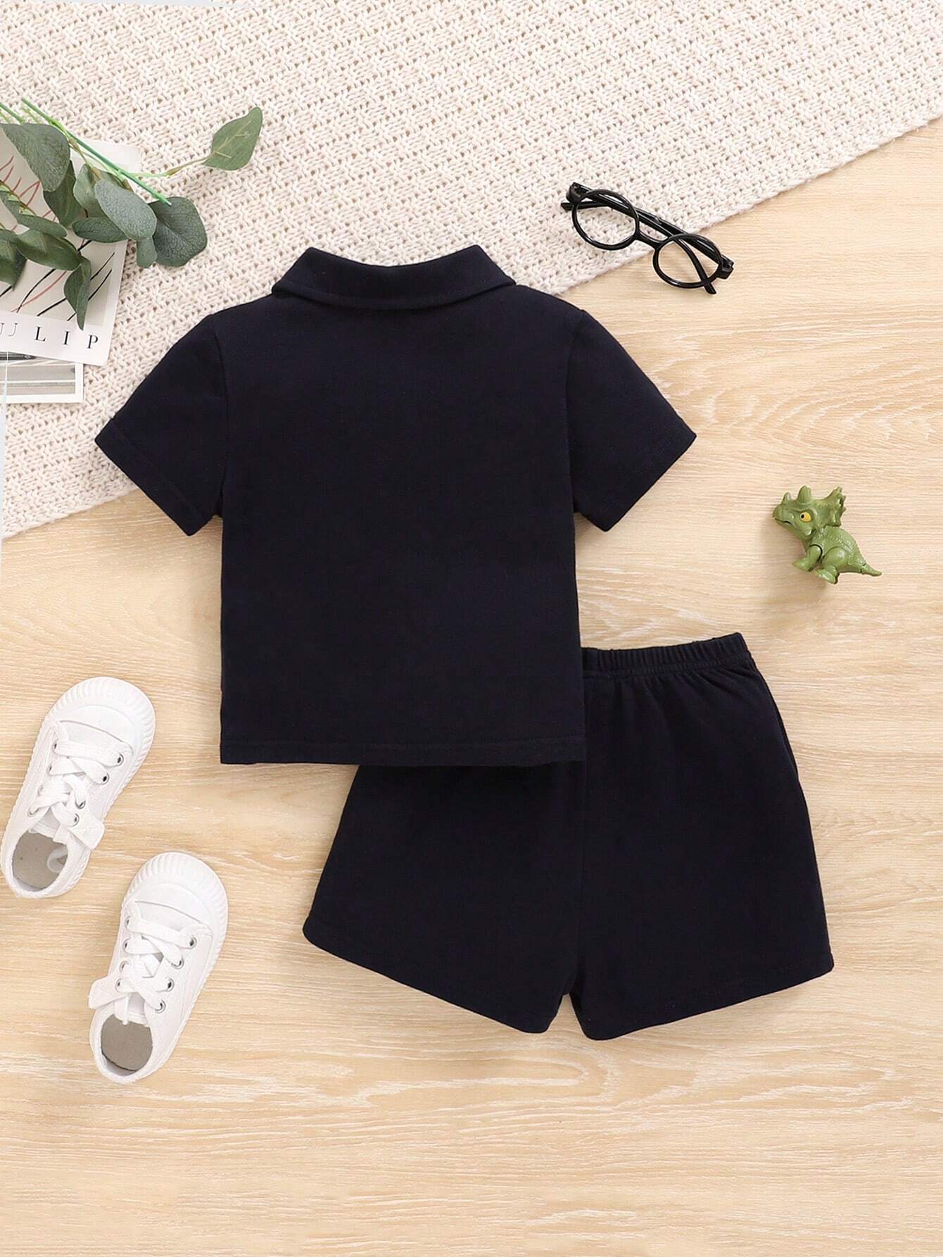 Buy SHEIN Baby Boy's Casual Colorblock Short Sleeve Polo Shirt And Elastic Waist Shorts Set in Pakistan