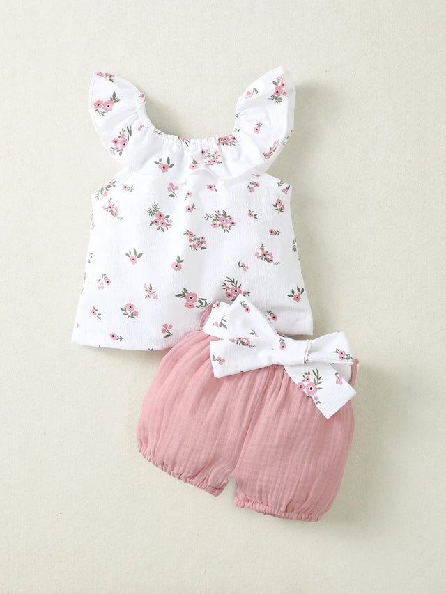 Buy SHEIN Baby Girl Newborn Ditsy Floral Print Ruffle Trim Top & Shorts in Pakistan