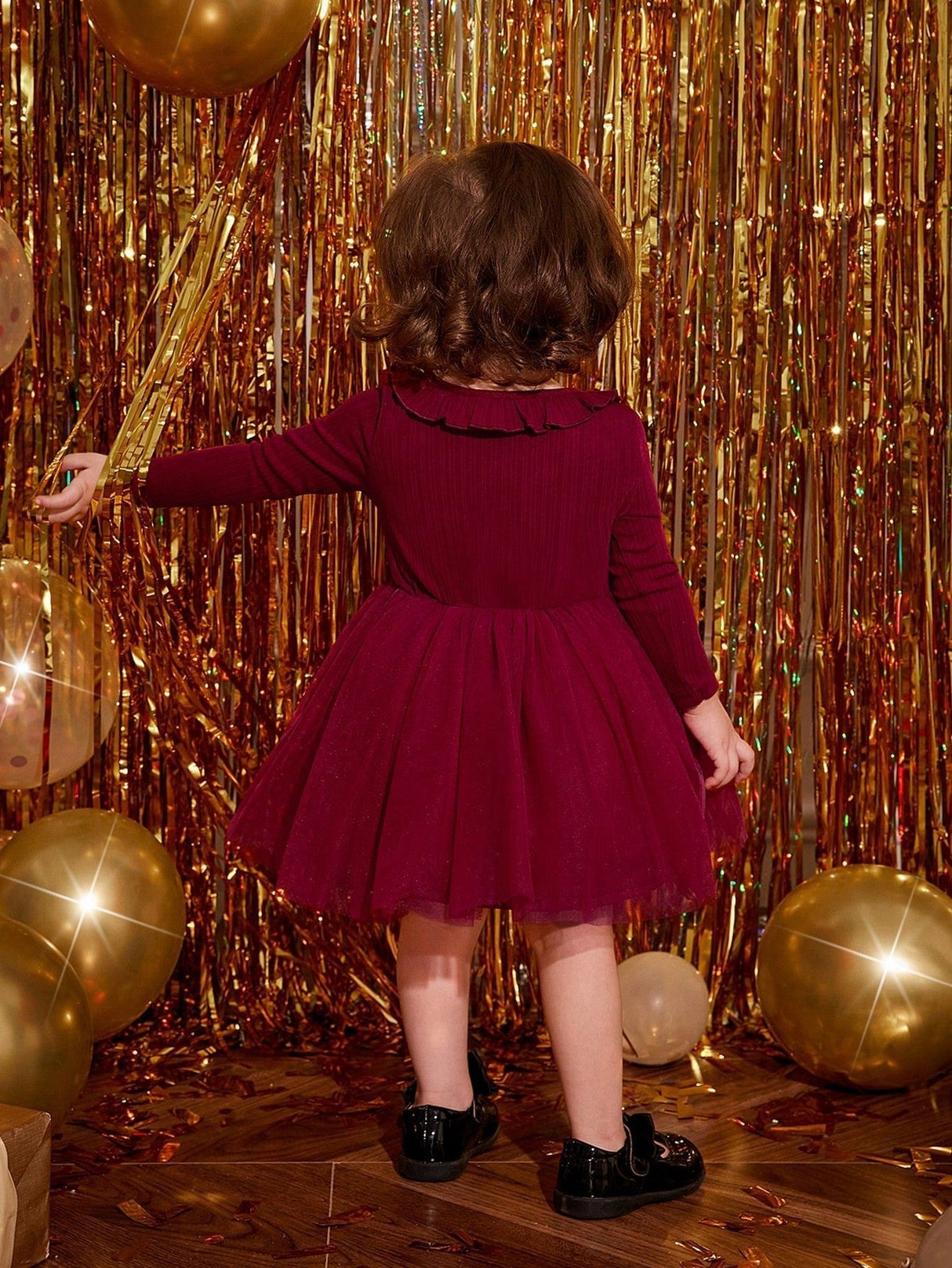 Buy SHEIN Baby Girl Romantic Knitted Mesh Patchwork Dress With Ruffle Hem, Long Sleeve in Pakistan