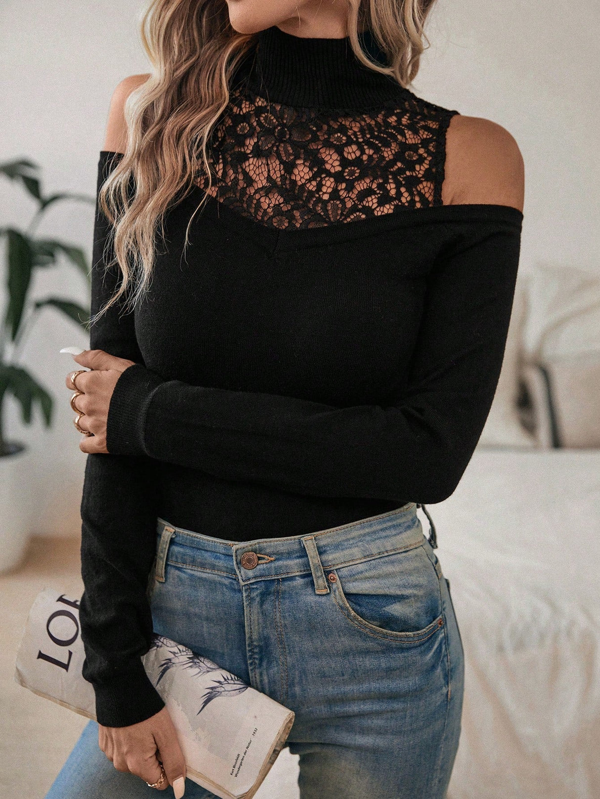 Buy SHEIN Clasi Contrast Lace Cold Shoulder Sweater in Pakistan
