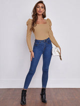 Buy SHEIN Clasi Square Neckline Pleated Sleeve T-shirt in Pakistan