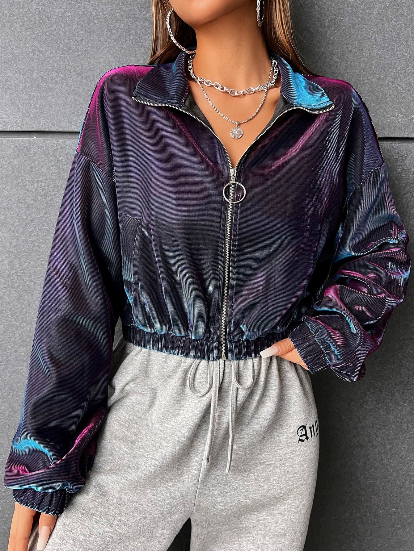 Buy SHEIN Coolane Colorblock Drop Shoulder Zipper Jacket in Pakistan
