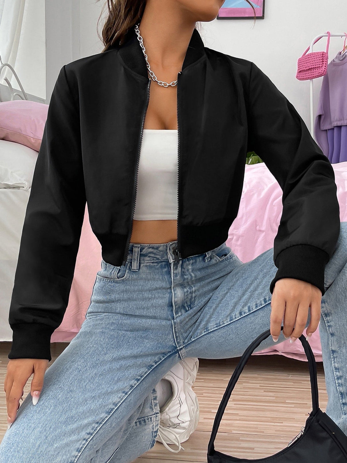 Buy SHEIN EZwear Baseball Collar Zip Up Crop Bomber Jacket in Pakistan