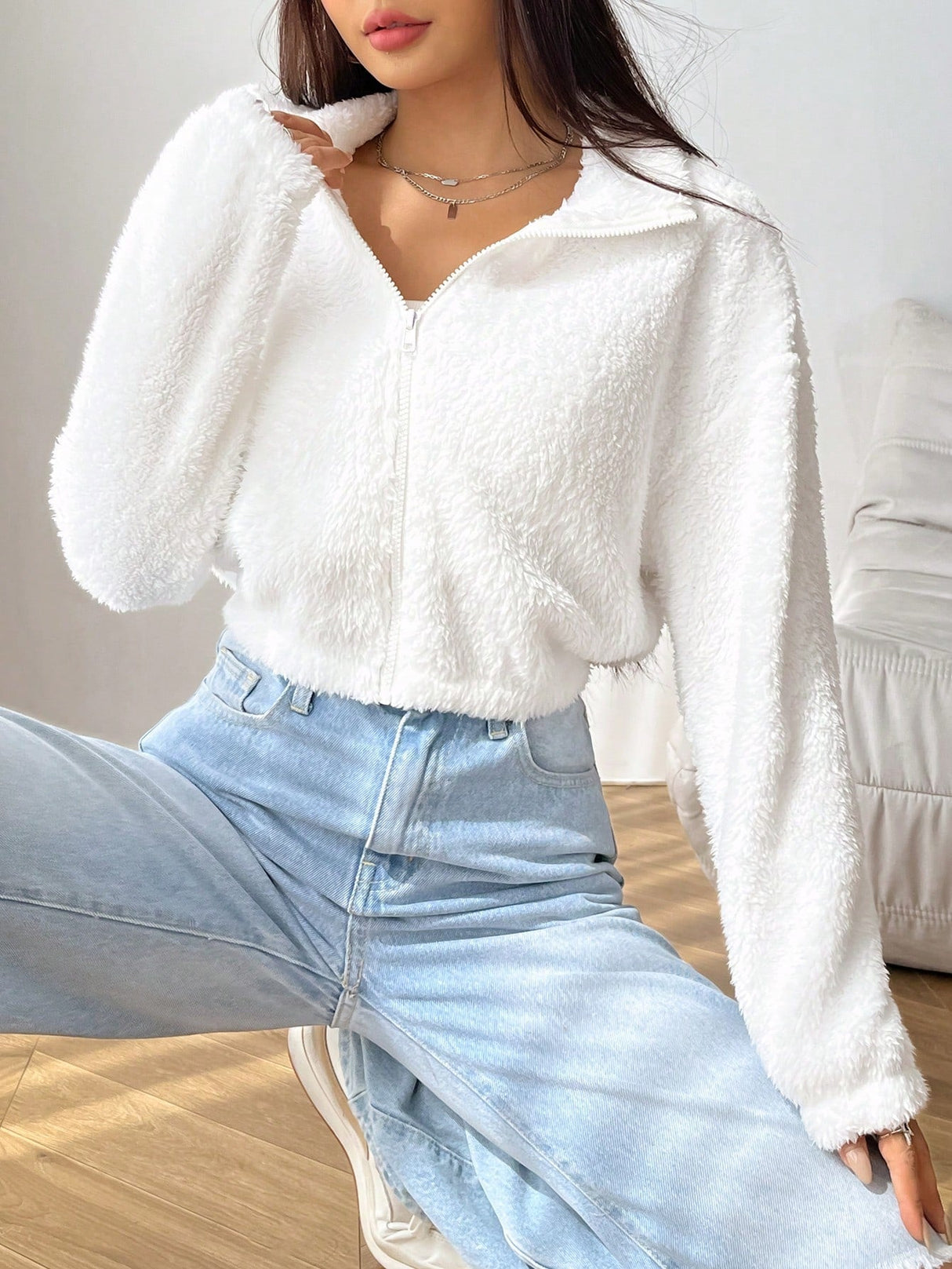Buy SHEIN EZwear Drop Shoulder Zip Up Drop Shoulder Teddy Jacket in Pakistan