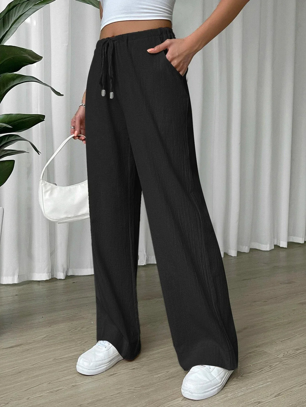 Buy SHEIN EZwear Linen Drawstring Waist Slant Pocket Wide Leg Pants in Pakistan