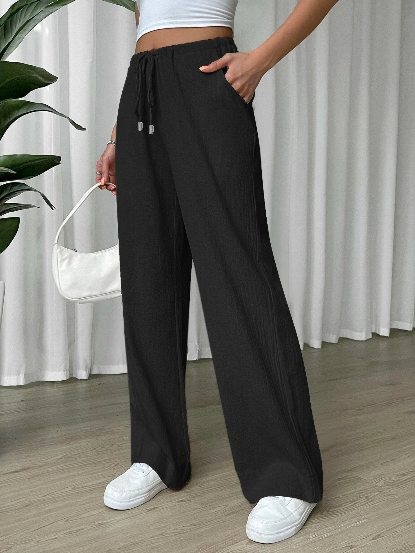Buy SHEIN EZwear Linen Drawstring Waist Slant Pocket Wide Leg Pants in Pakistan
