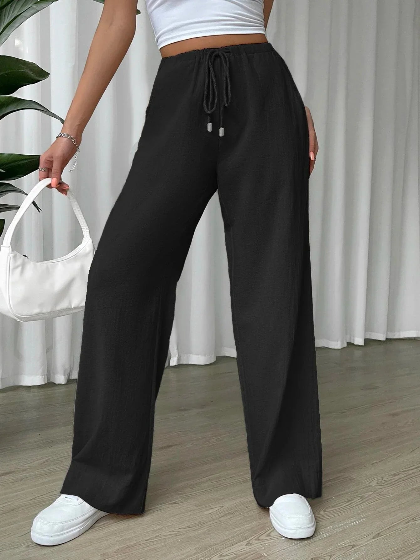 Buy SHEIN EZwear Linen Drawstring Waist Slant Pocket Wide Leg Pants in Pakistan