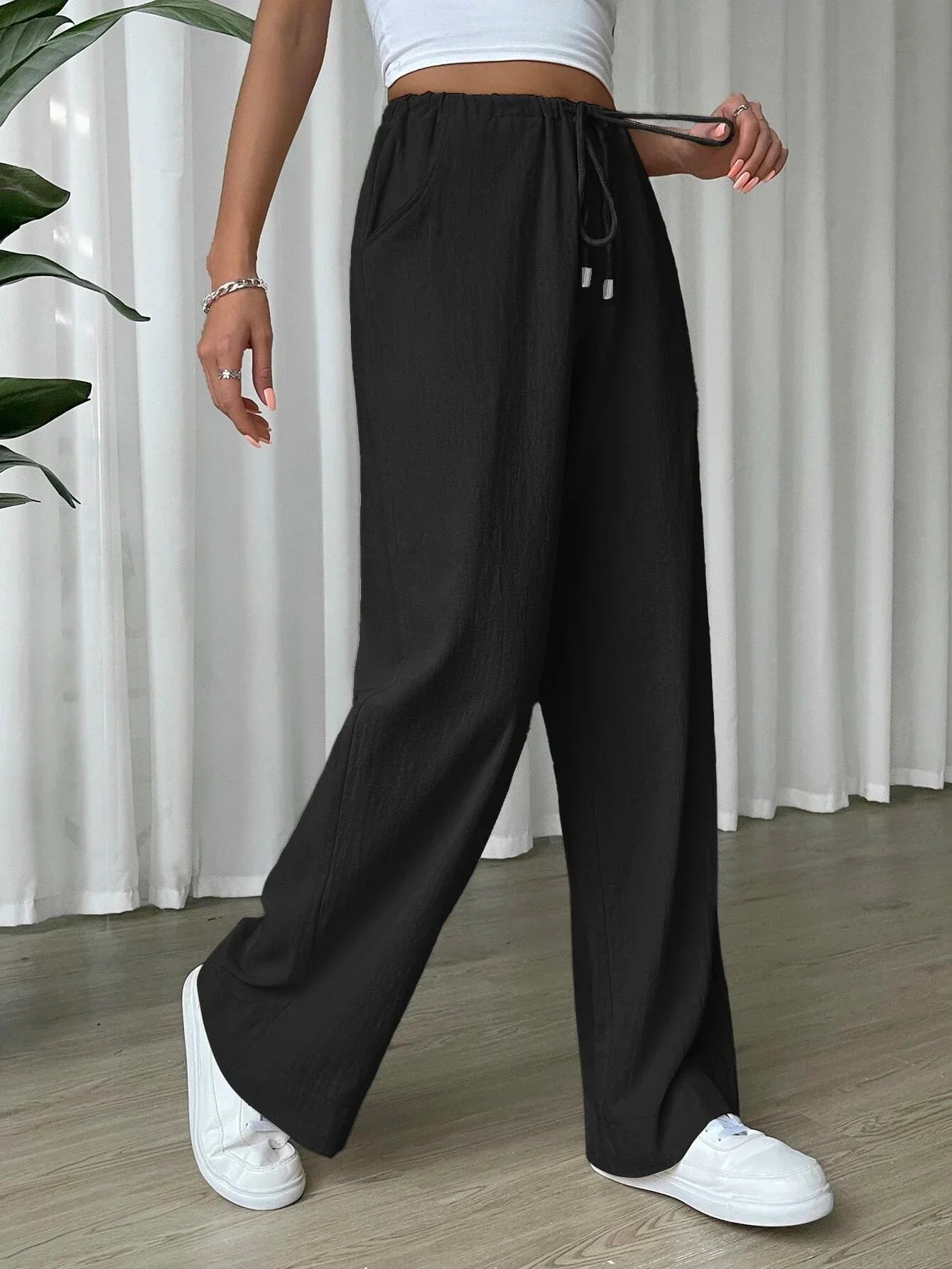 Buy SHEIN EZwear Linen Drawstring Waist Slant Pocket Wide Leg Pants in Pakistan