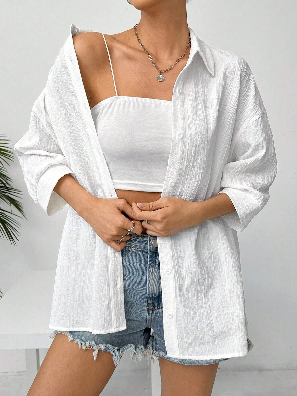 Buy SHEIN EZwear Linen Solid Drop Shoulder Button Front Beach Shirt in Pakistan