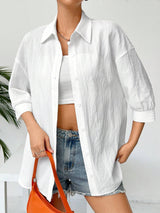 Buy SHEIN EZwear Linen Solid Drop Shoulder Button Front Beach Shirt in Pakistan