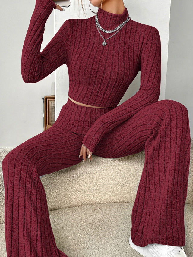 Buy SHEIN EZwear Mock Neck Crop Tee & Flare Leg Trousers in Pakistan