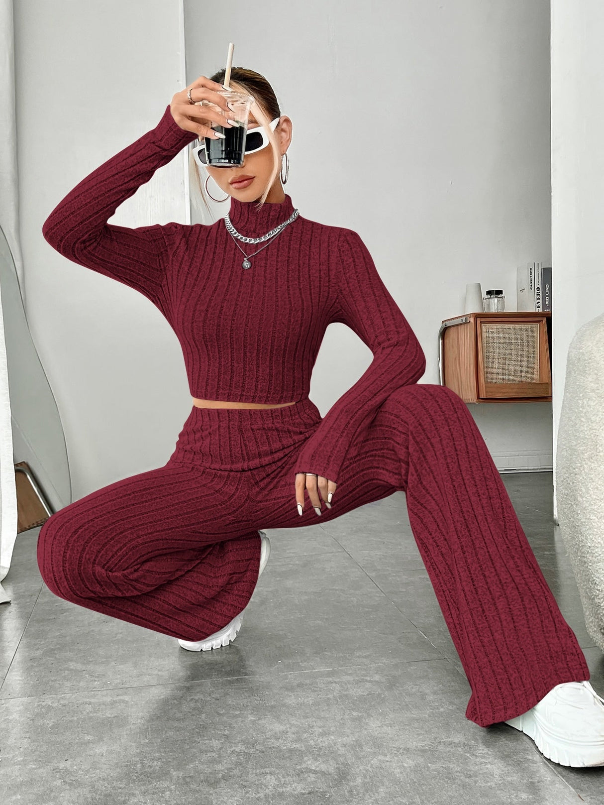 Buy SHEIN EZwear Mock Neck Crop Tee & Flare Leg Trousers in Pakistan