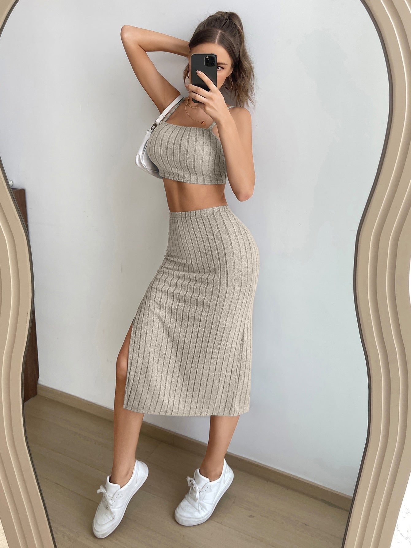 Buy SHEIN EZwear Solid Cami Top & Split Thigh Skirt in Pakistan