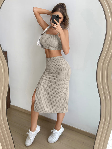 Buy SHEIN EZwear Solid Cami Top & Split Thigh Skirt in Pakistan