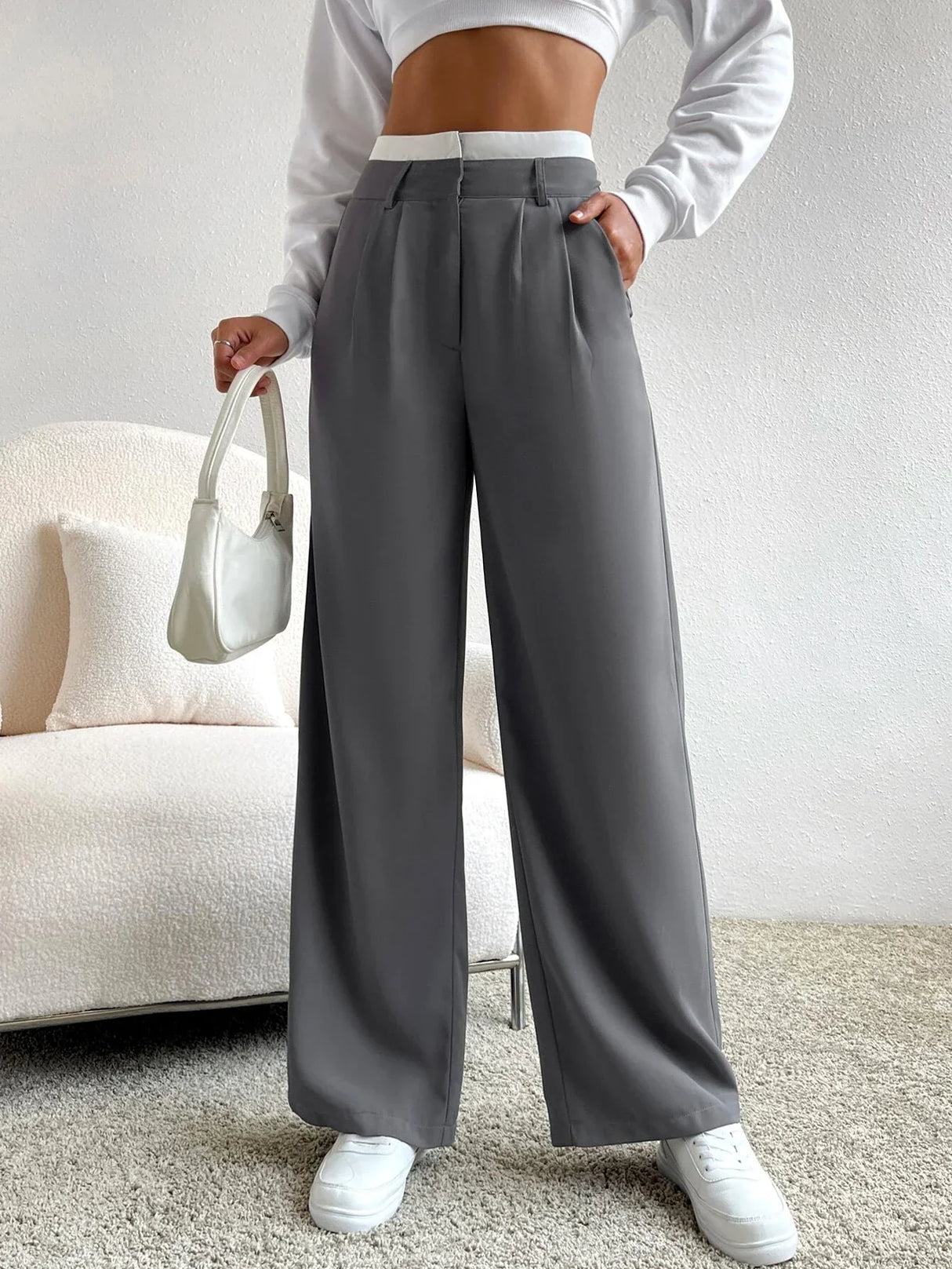 Buy SHEIN EZwear Spring Dress PantsHigh Waist Plicated Detail Wide Leg Suit Pants in Pakistan