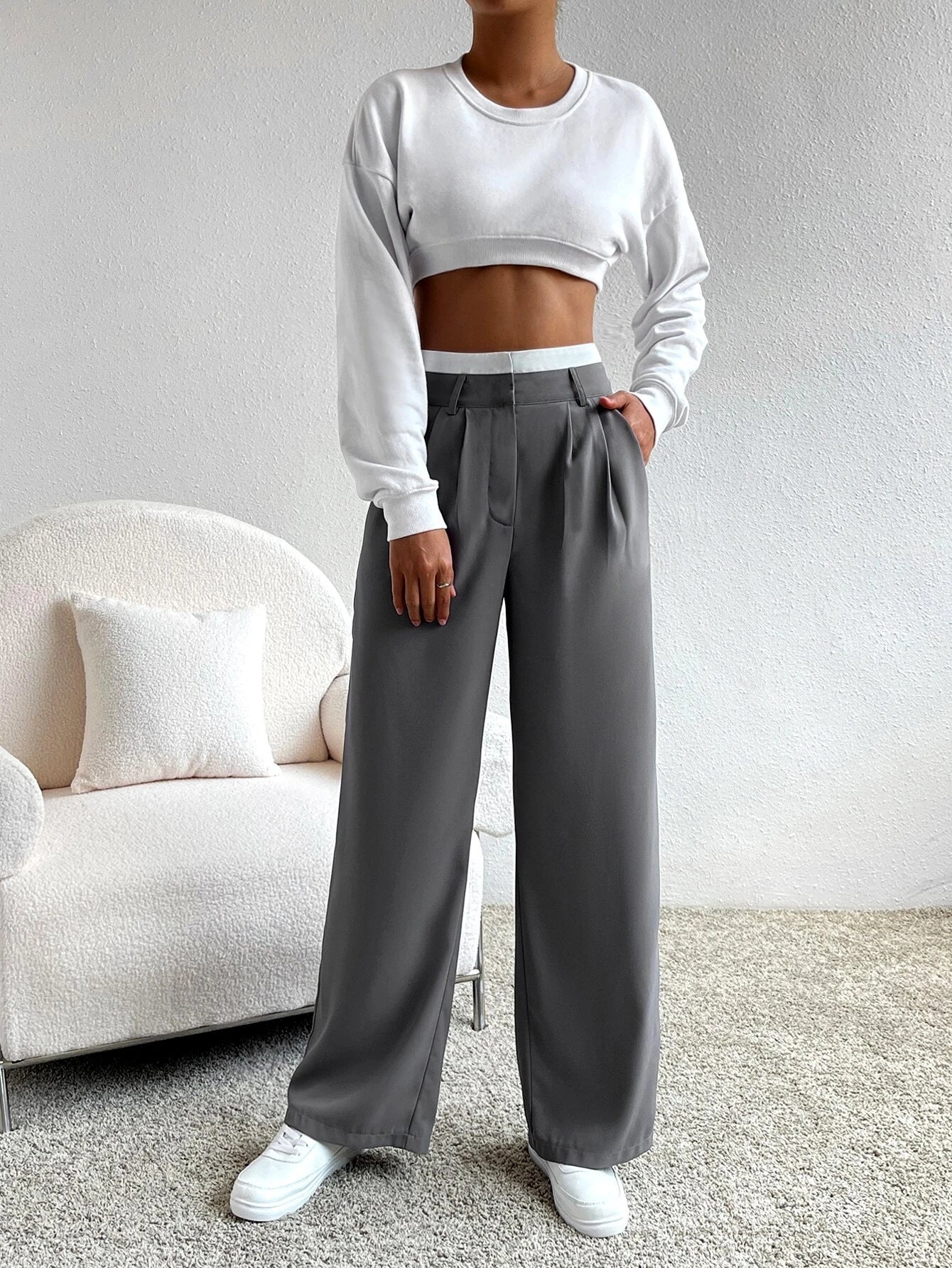 Buy SHEIN EZwear Spring Dress PantsHigh Waist Plicated Detail Wide Leg Suit Pants in Pakistan